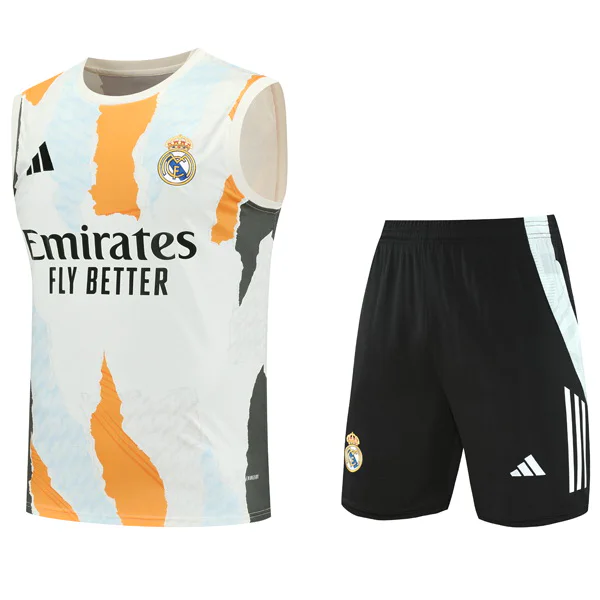 Entrenamiento Sin Mangas Conjunto Completo Real Madrid 2025 2026 Blanco Naranja Negro Real Madrid Conjunto 2025 2026 Blanco - Real Madrid Barata | 7camisetas